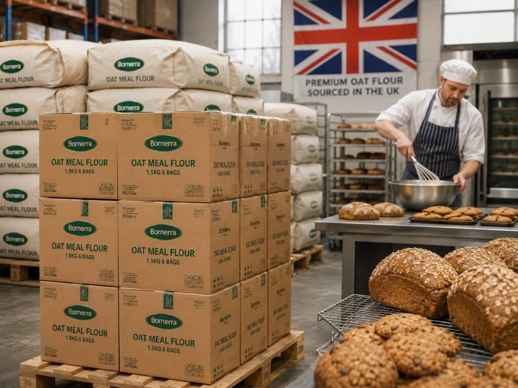 Bulk wooden pallet stacked with branded cartons and sacks of Bornerra premium oat meal flour in a clean UK commercial warehouse setting.