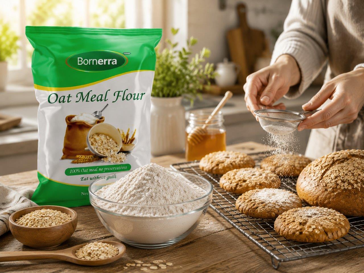 A bright modern kitchen counter featuring a 1.5kg pack of Bornerra oat meal flour next to a bowl of fine flour and freshly baked oatmeal biscuits.