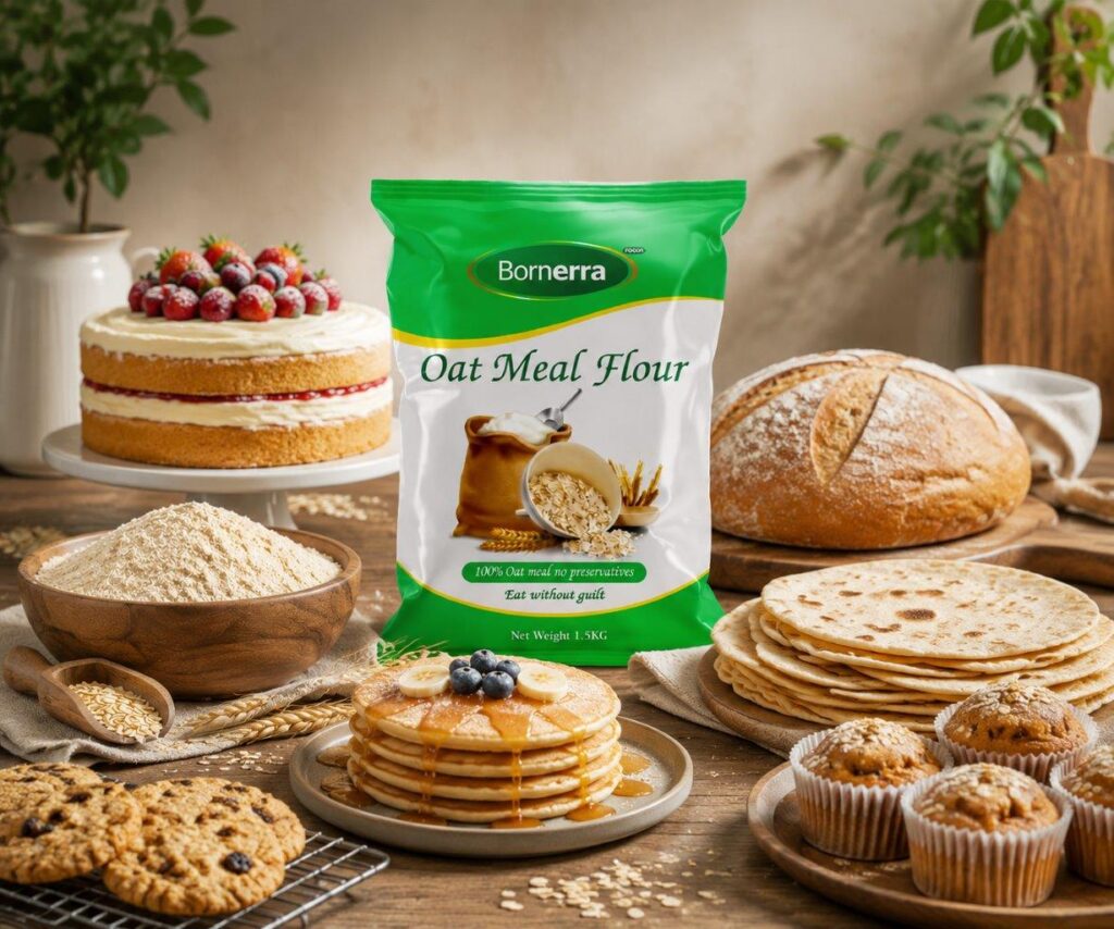Close-up of Bornerra premium oat meal flour showing its high-quality fine texture and purity for healthy baking