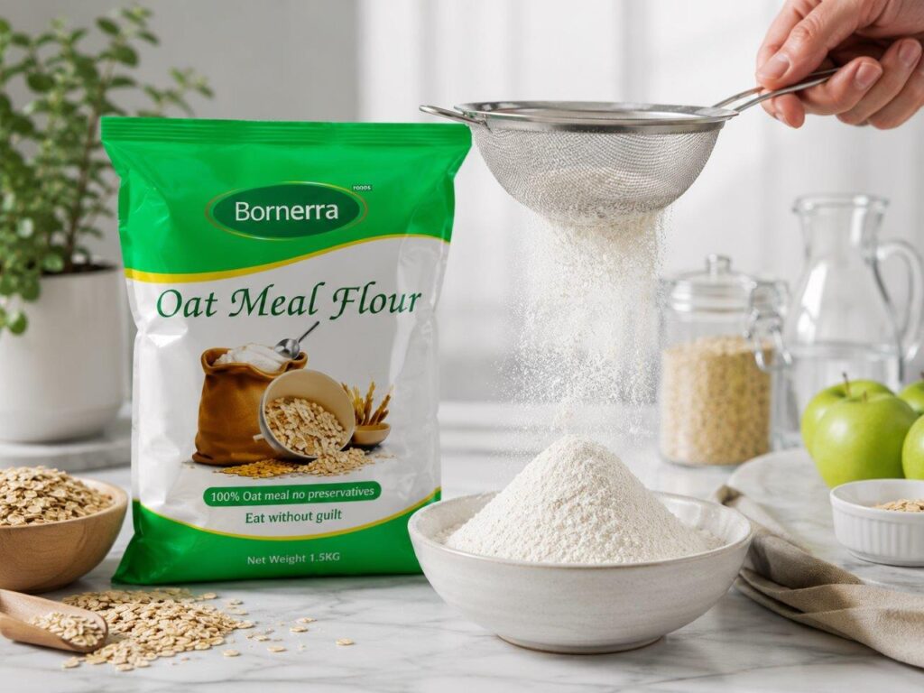 A close-up of pure white fine-milled Bornerra oat meal flour being sifted into a modern kitchen bowl next to a clean retail pack.
