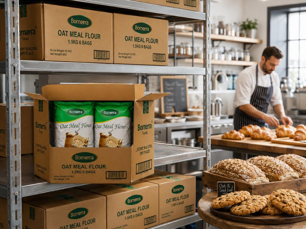 Neat stacks of commercial 6-pack wholesale cartons filled with Bornerra premium oat meal flour inside a well-organized local cafe storage area.